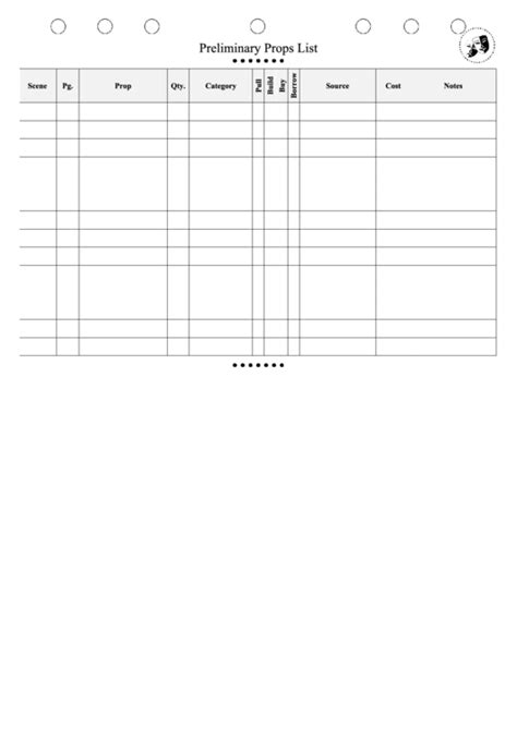 Preliminary Props Checklist printable pdf download