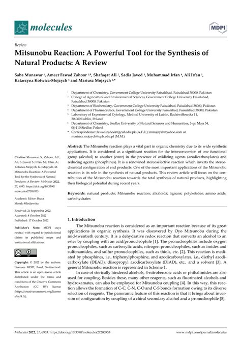 (PDF) Mitsunobu Reaction: A Powerful Tool for the Synthesis of Natural Products: A Review