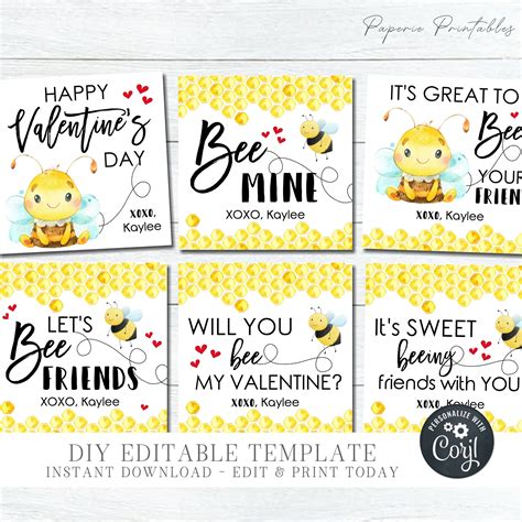 EDITABLE Kids Valentine Cards Bee Valentine Cards Bee Mine | Etsy