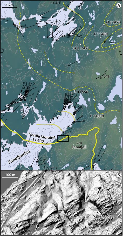 Deglaciation of the Fana area. A. Map with striae, deglaciation pattern ...