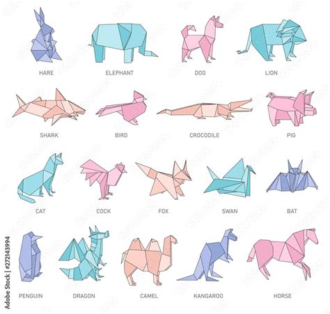 Set of animals origami figures in geometric flat outline style Stock ...