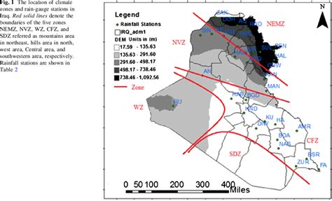 The location of climate zones and rain-gauge stations in Iraq. Red ...