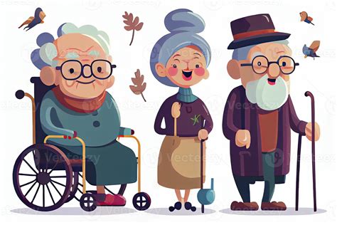 Cartoon old people. Happy aged citizens, disabled senior on older wheelchair and care seniors ...