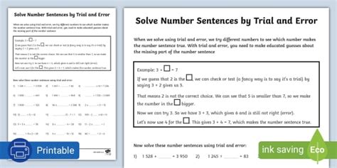 Solve Number Sentences by Trial and Error Activity Sheet