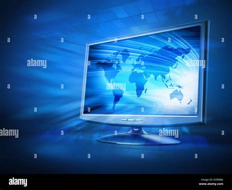 Computer monitor with blue earth background on the screen standing on ...