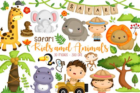 Jungle Safari Kids and Animal Clipart Graphic by Inkley Studio ...