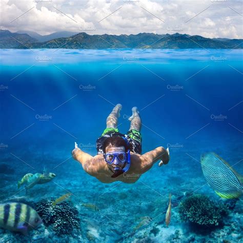 Man snorkeling in a tropical sea stock photo containing man and ...