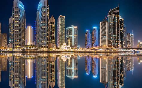 Dubai, UAE, night, skyscrapers, modern buildings, bay, beautiful buildings, United Arab Emirates ...