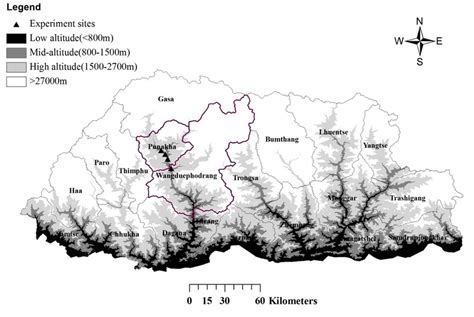 Elevation map of Bhutan indicating the on-farm trial sites ...