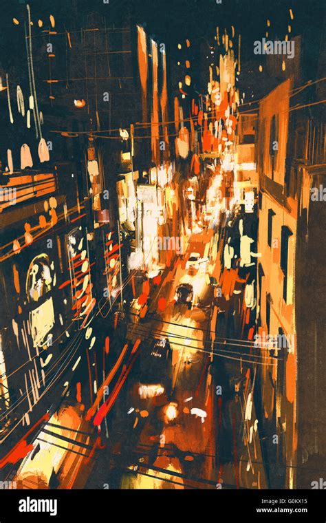 night scene of a street in city,illustration painting Stock Photo - Alamy