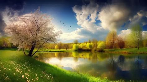 Scenic Lake By The Trees And Flowers Background, Nature Spring Pictures ...