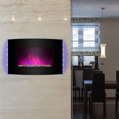 AKDY 36 in. Wall Mount Electric Fireplace Heater in Black with Curved Tempered Glass, Pebbles ...