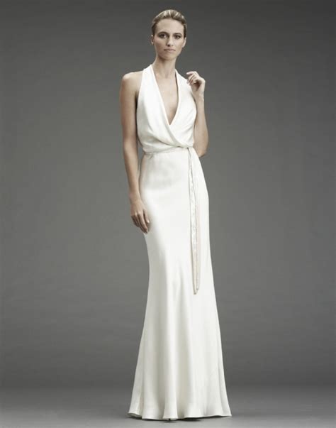 White silk halter column wedding dress with cowl halter neckline