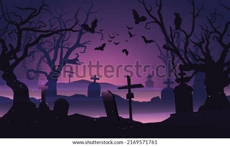 Cemetery Forest Halloween Background Bats Trees Stock Vector (Royalty ...