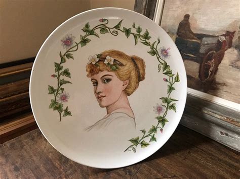 Beautiful Art Nouveau c1880’s Handpainted Ceramic Plate Depicting Lady With Flowers in her hair ...