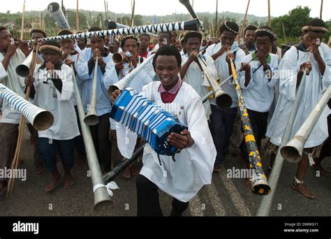 Members of the Shembe faith (Nazareth Baptist Church), a religious hybrid of Christianity and ...