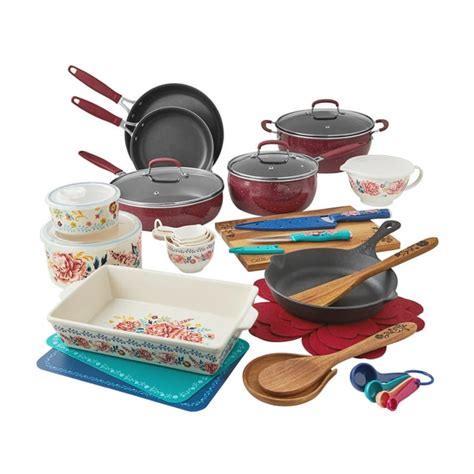 The Pioneer Woman Keepsake Floral 38-Piece Cookware Set, Merlot ...