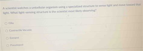 Solved: A scientist watches a unicellular organism using a specialized structure to sense light ...