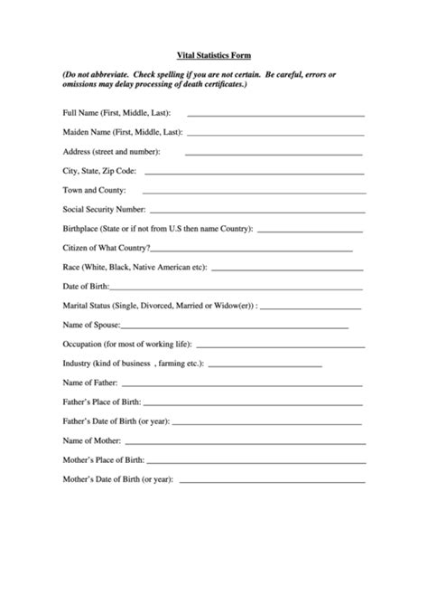 Fillable Vital Statistics Form printable pdf download