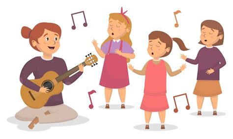 Premium Vector | Teacher play the guitar and cute students singing illustration concept