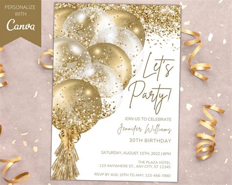 Printable White Gold Birthday Invitation Printable Birthday | Etsy Australia