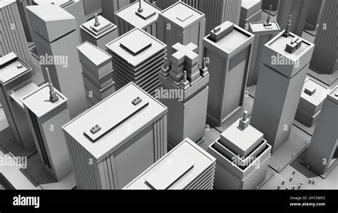 Abstract animation of 3d architectural scale model of big modern city center on white background ...