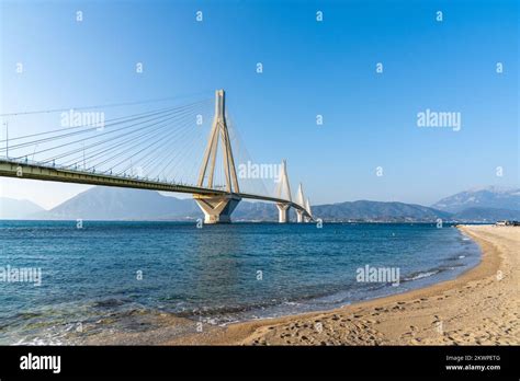 A landscape view of the landmark Rio-Antirio Bridge across the Gulf of ...