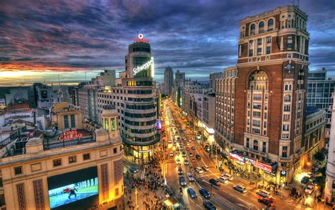 road, Sky, Clouds, Sunset, Lights, Evening, Spain, Street, Madrid, Cityscape, HDR Wallpapers HD ...