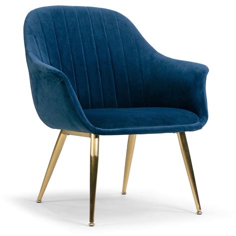 Angela Blue Velvet Accent Chair with Golden Metal Legs Stitching Accent ...