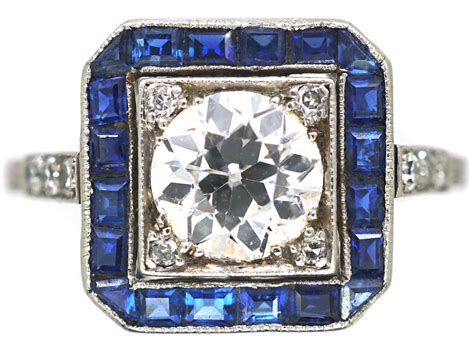 Art Deco Platinum, Sapphire & Diamond Square Ring (928N) | The Antique ...