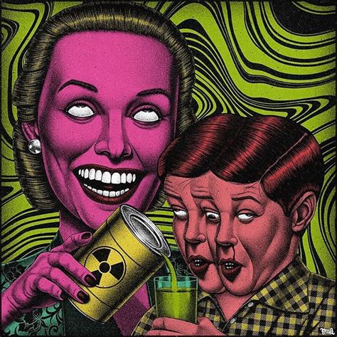a painting of two women drinking from cans and one is holding a can with a radioactive sign on it