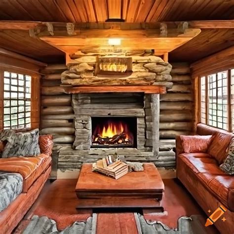 Cabin fireplace couch table large room windows