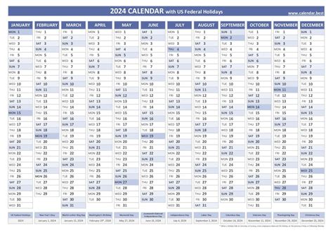 2024 calendar with holidays (US Federal Holidays)