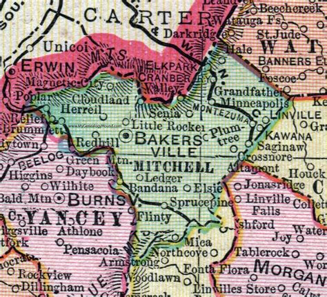 Mitchell County, North Carolina, 1907, Map, Cram, Bakersville, Spruce Pine, Ledger, Mica ...