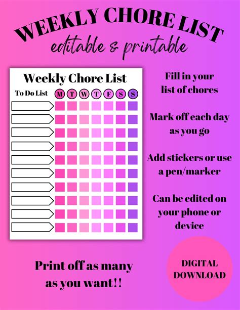 Weekly Chore List Printable Family Chore Chart Kids to Do - Etsy
