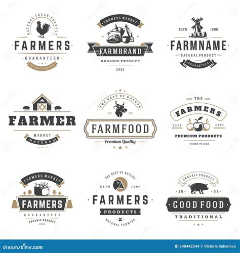 Farmers Market Logos Templates Vector Objects Set. Logotypes or Badges Design Stock Illustration ...