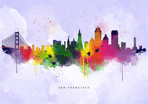 San Francisco Skyline Canvas, Multi-Color, Purple Background, Cityscape, Watercolour Box Canvas ...