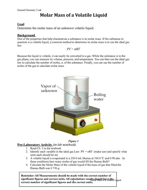 Molar Mass of a Volatile Liquid Lab - General Chemistry I Lab Molar ...