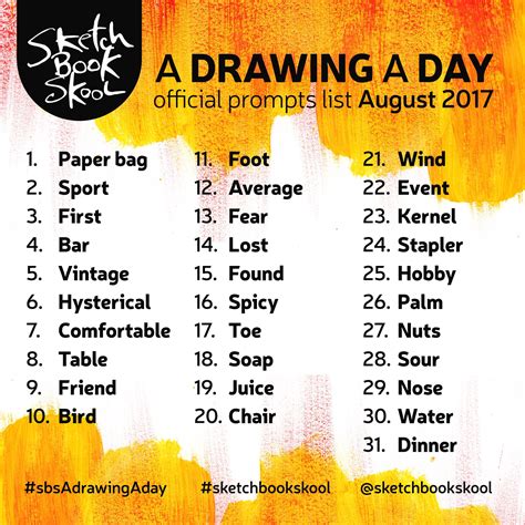 Here are the Drawing A Day Challenge prompts for the month of August. | Drawing challenge, Art ...