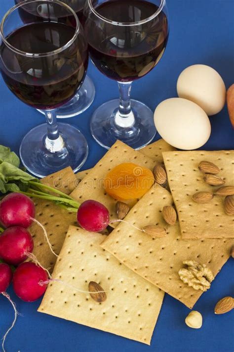 Traditional Jewish Holiday; Passover Background on Blue Surface Stock Image - Image of foods ...