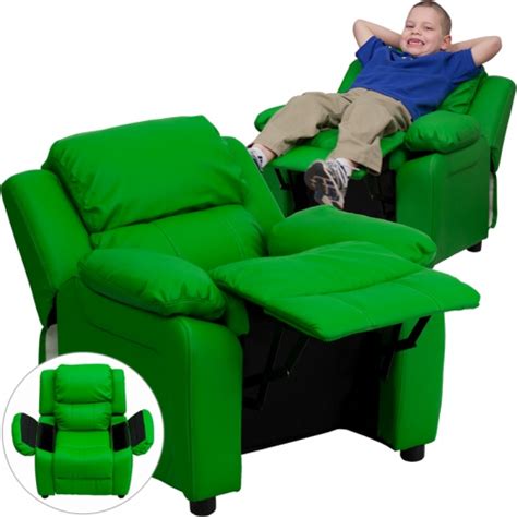 Flash Furniture Deluxe Heavily Padded Contemporary Green Vinyl Kids Recliner with Storage Arms ...