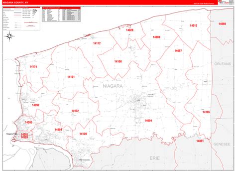 Niagara County, NY Zip Code Wall Map Red Line Style by MarketMAPS - MapSales