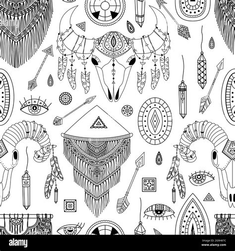 Vector seamless pattern with boho illustrations. Bohemian background ...