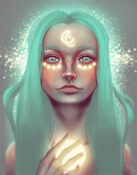 a woman with green hair and glowing eyes