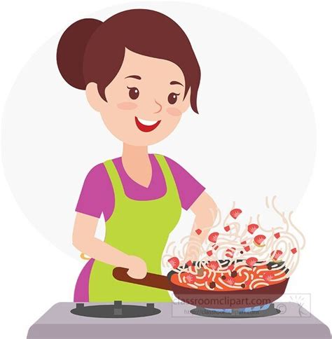 Food Clipart-woman in a green apron is cooking a meal in a skillet clip art