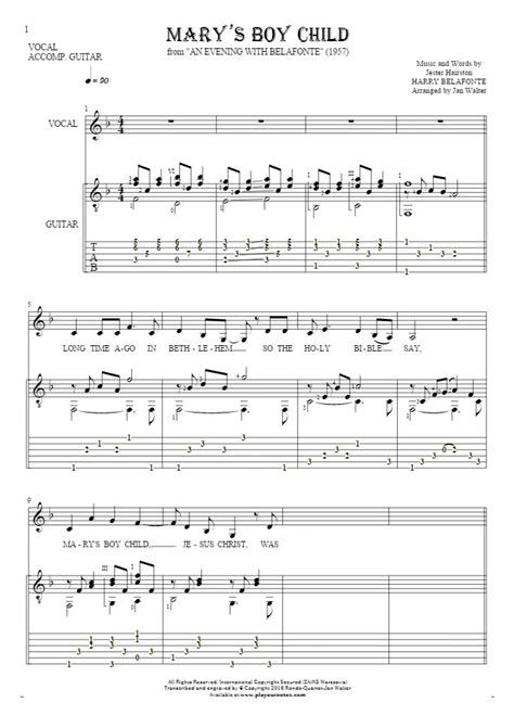 Marys Boy Child - Notes, tablature and lyrics for vocal with guitar accompaniment | PlayYourNotes