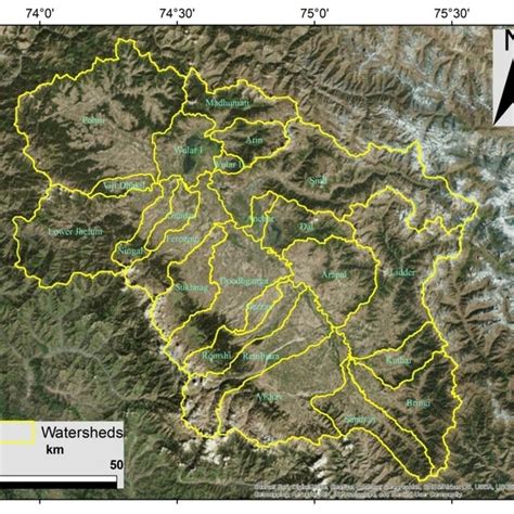 Map showing the watersheds of river Jhelum and its tributaries in ...