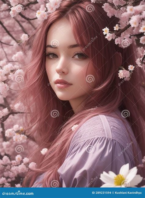 Wonderful Woman Portrait in Pink Flowers Background Stock Illustration - Illustration of ...