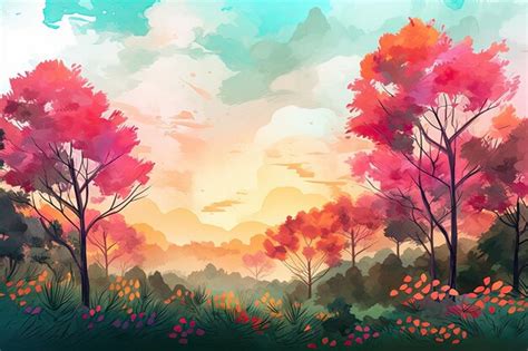 Premium AI Image | Forest with vibrant blooming flowers and watercolor sky