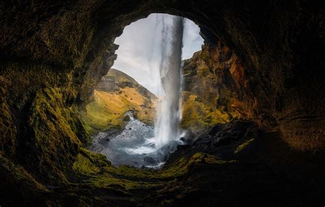 Wallpaper waterfall, cave, Iceland, Seljalandsfoss, Seljalandsfoss ...